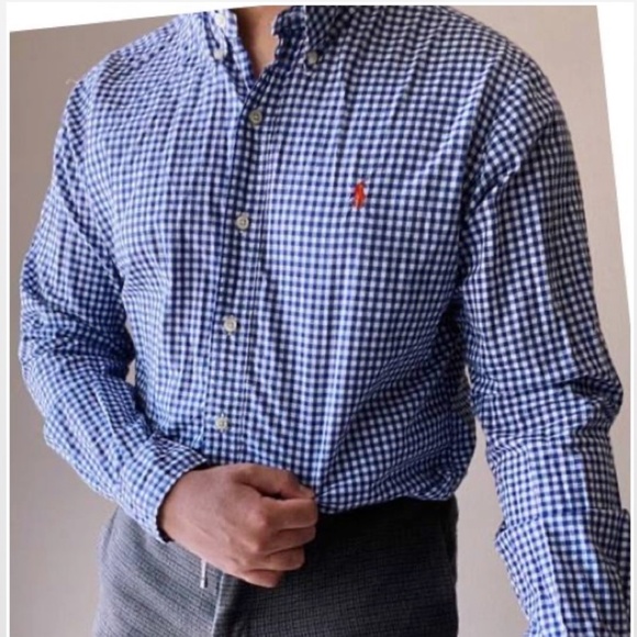 Ralph Lauren Shirt Mens Large Blue Label Button Down Blue White Checkered Long - Picture 2 of 16
